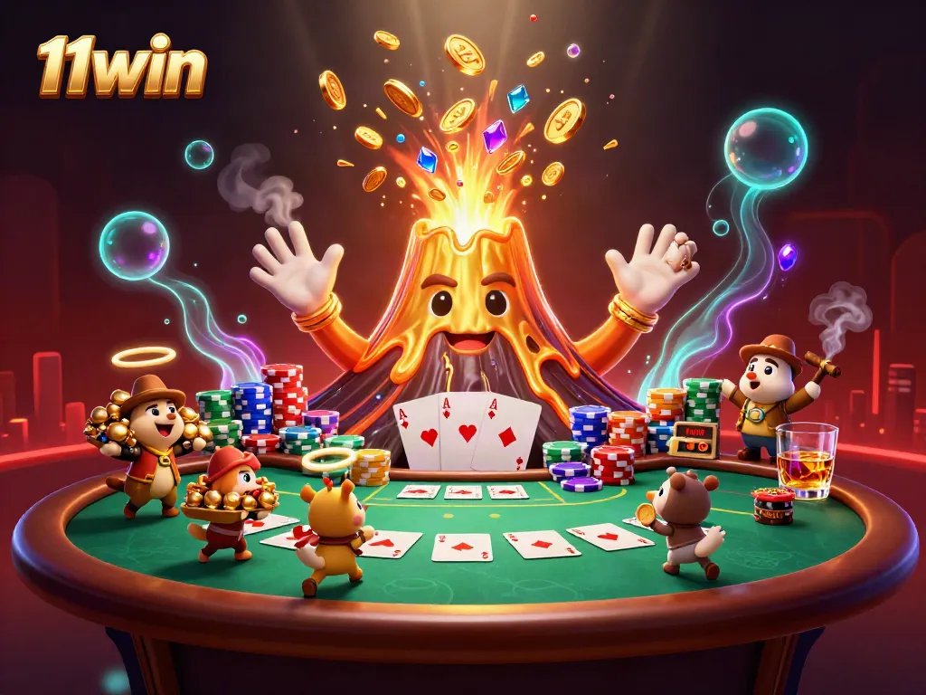 Engage with the exciting world of 11win as golden treasures erupt around a triumphant volcano in this vibrant casino scene.