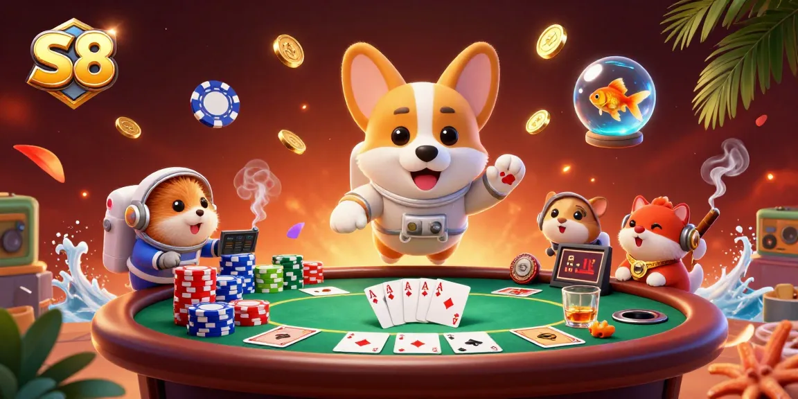 S8 offers thrilling casino gaming with a floating corgi and vibrant poker scene in space.