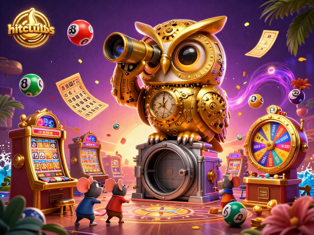 Experience hitclubsbs with vibrant lottery elements, a golden owl, and lively casino atmosphere.
