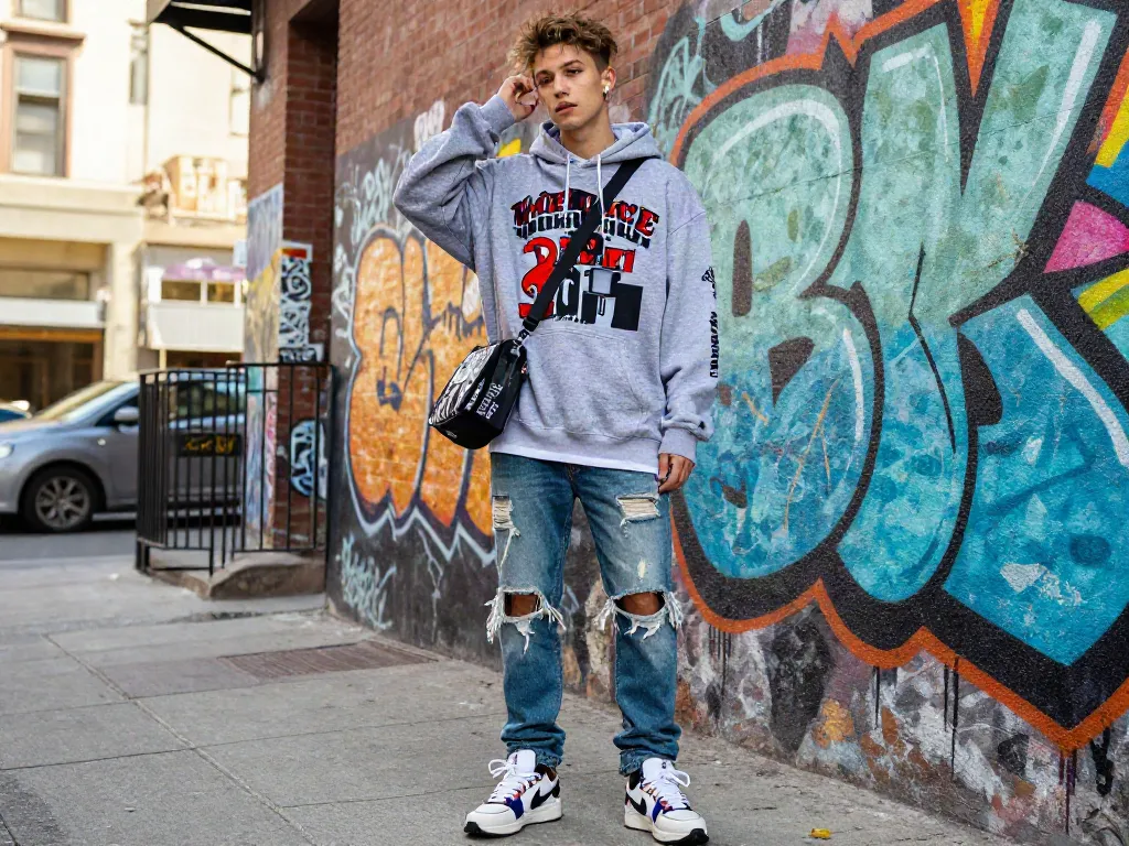 Stylish individual showcasing rokok88 Machine Gun Kelly merchandise in vibrant urban setting.