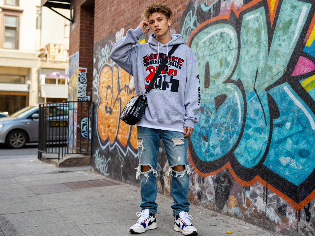 Stylish individual showcasing rokok88 Machine Gun Kelly merchandise in vibrant urban setting.