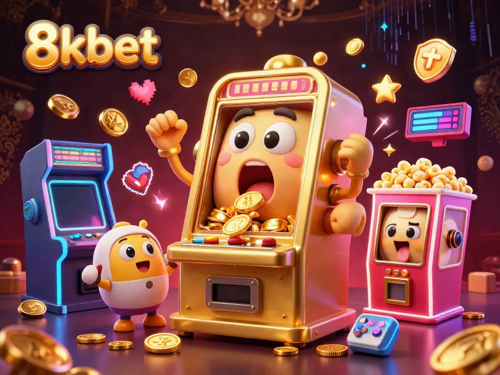 Experience the excitement of 8kbet with a golden slot machine celebrating its jackpot amidst colorful gaming elements.