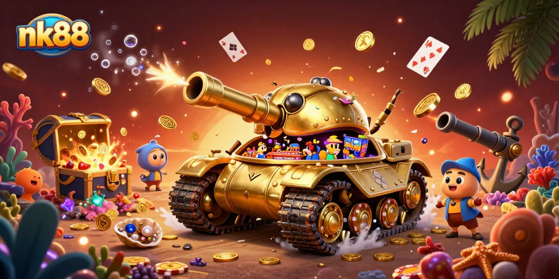 Experience the excitement of nk88 with a lively casino in a golden beetle tank, surrounded by treasures.