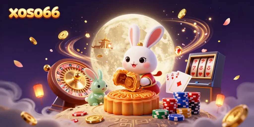 Experience thrilling fun with xoso66, featuring a moon rabbit and casino elements in a vibrant illustration.