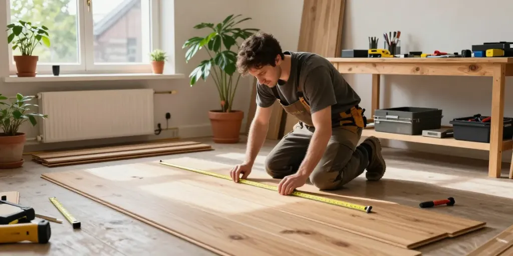 Bygg Bergen - carpenter installing quality wooden flooring in a sunny workshop