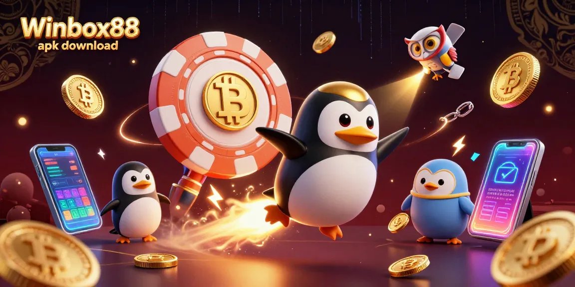 Winbox88 apk download offers a vibrant mobile casino experience with a 3D penguin and crypto elements.