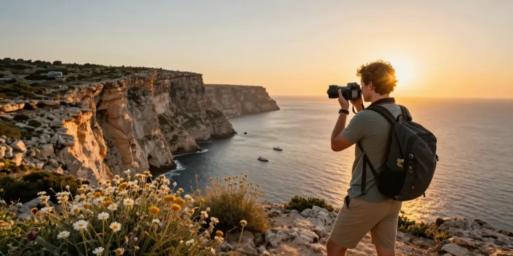 Gozo tours showcasing a traveler at scenic coastal cliffs during sunset.