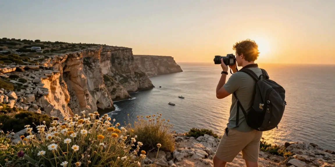 Gozo tours showcasing a traveler at scenic coastal cliffs during sunset.