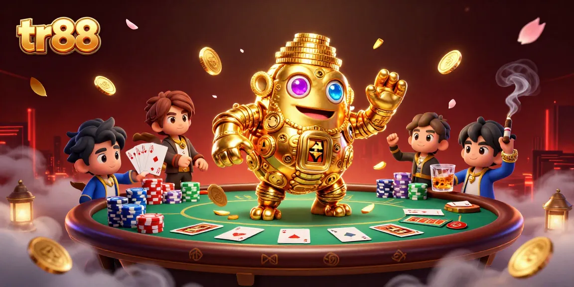 Experience thrilling gaming at tr88 with an ancient golden golem and vibrant poker elements in a captivating 3D scene.