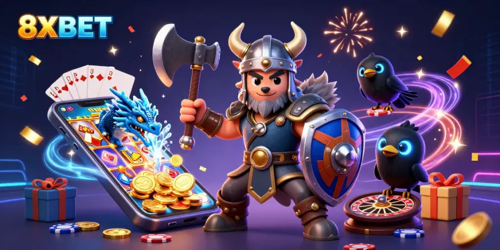 Engage in thrilling gameplay with 8XBET as the Viking warrior and fierce dragon bring excitement to the casino scene.