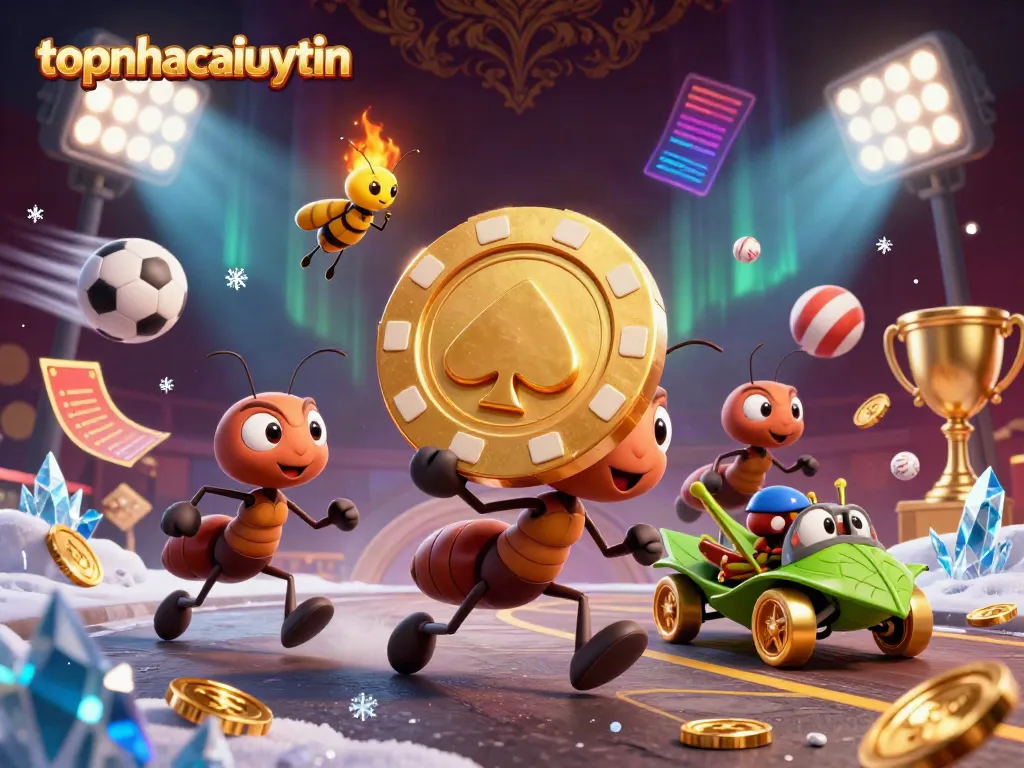 topnhacaiuytin ants heist scene with golden poker chip and sports elements