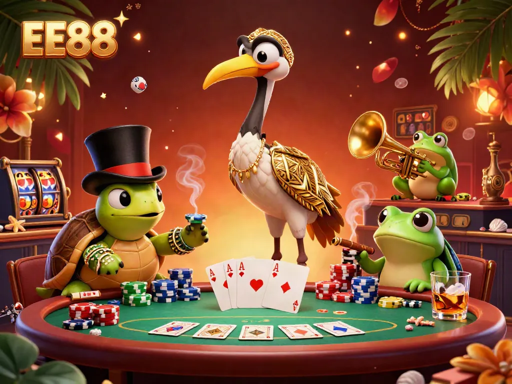 Experience the excitement of EE88's online casino with vibrant characters and interactive gameplay elements in a dynamic illustration.