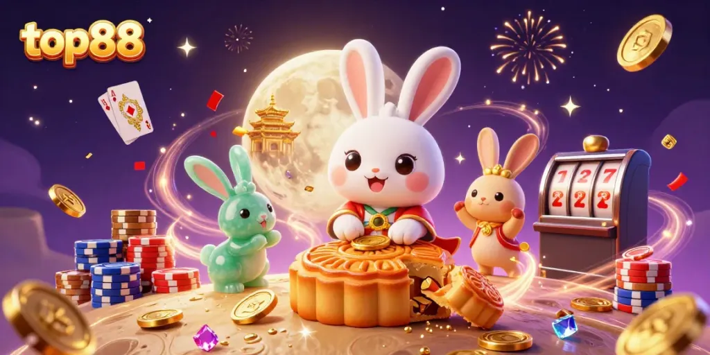 Experience top88's enchanting lunar casino, featuring a moon rabbit and luck-filled elements.