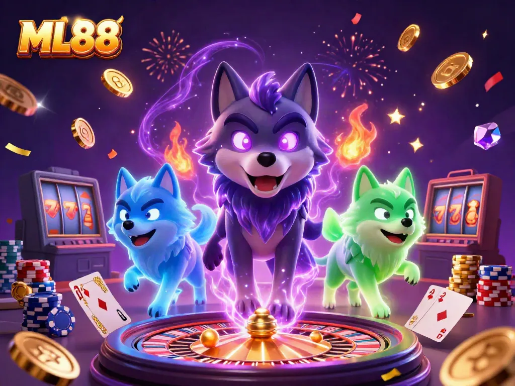Experience the excitement of ML88 with a dynamic wolf leader surrounded by casino elements.