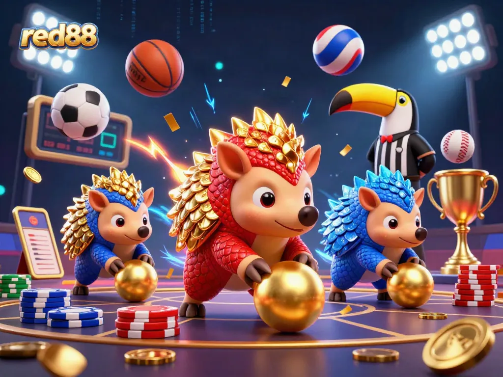 Experience red88 as rival pangolins roll winning golden balls amidst dynamic poker chips in a vibrant, animated scene.