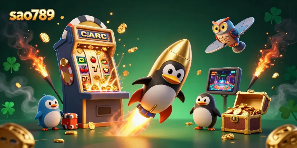 Experience the excitement of sao789 as a golden penguin rockets through a vibrant casino world.
