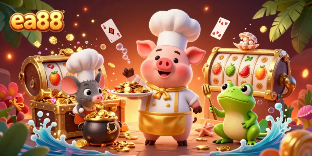 Experience thrilling casino fun with ea88 as a chef pig serves gold coins amidst slot reels and dynamic game elements.