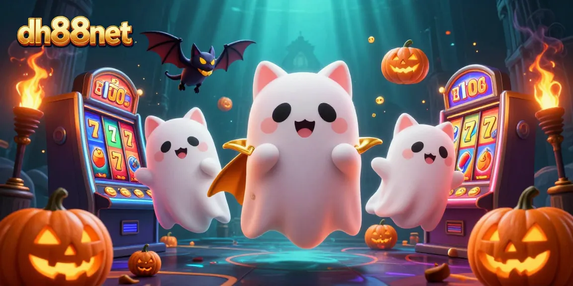 Win big at dh88net with a friendly ghost cat and vampire bat in a haunted casino environment.