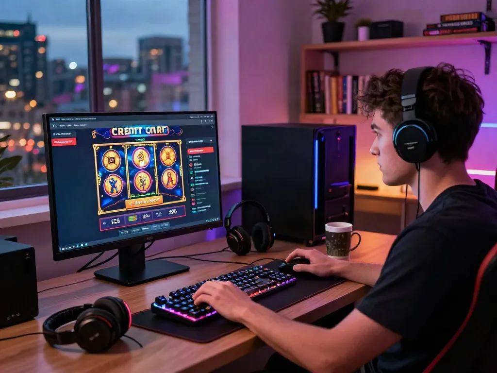 Engaged player using credit card casino sites on a vibrant home gaming setup.
