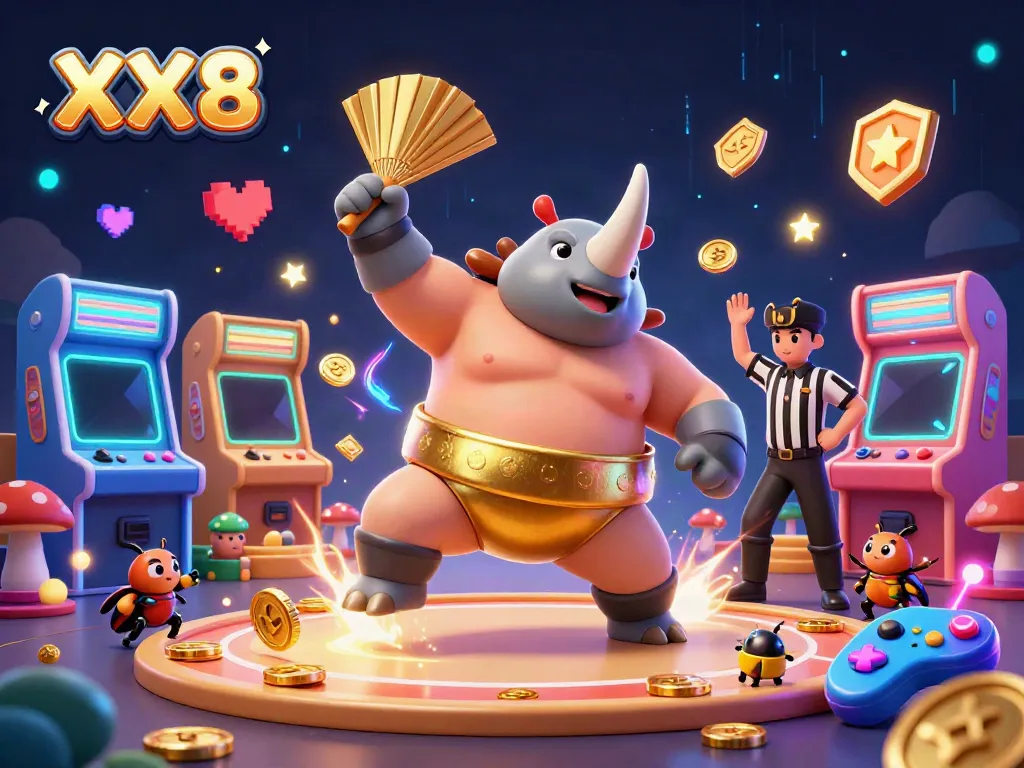 Experience the excitement of XX8 with a cartoon beetle sumo champion amidst a vibrant gaming scene.