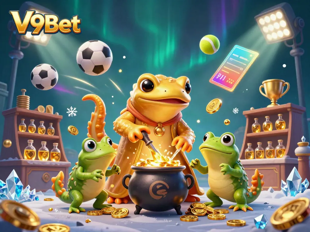 Experience the magical realm of V9Bet with a dynamic 3D illustration of an alchemist transforming metals into gold coins.