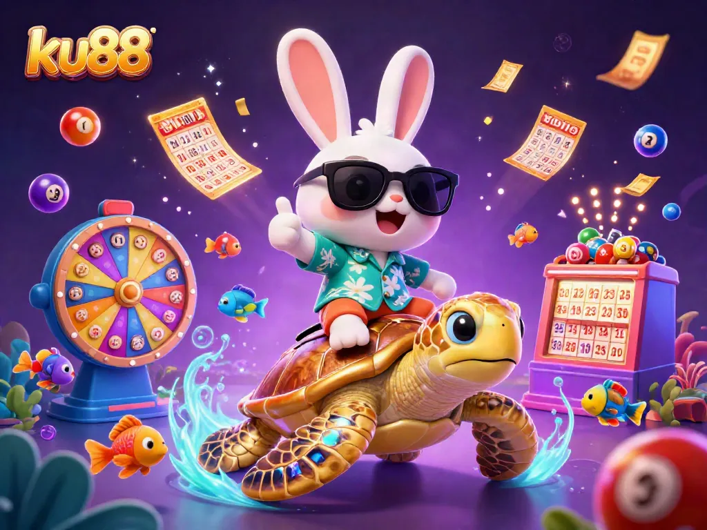 Experience ku88's thrilling gaming adventures with a lucky rabbit and gold turtle in vibrant colors.