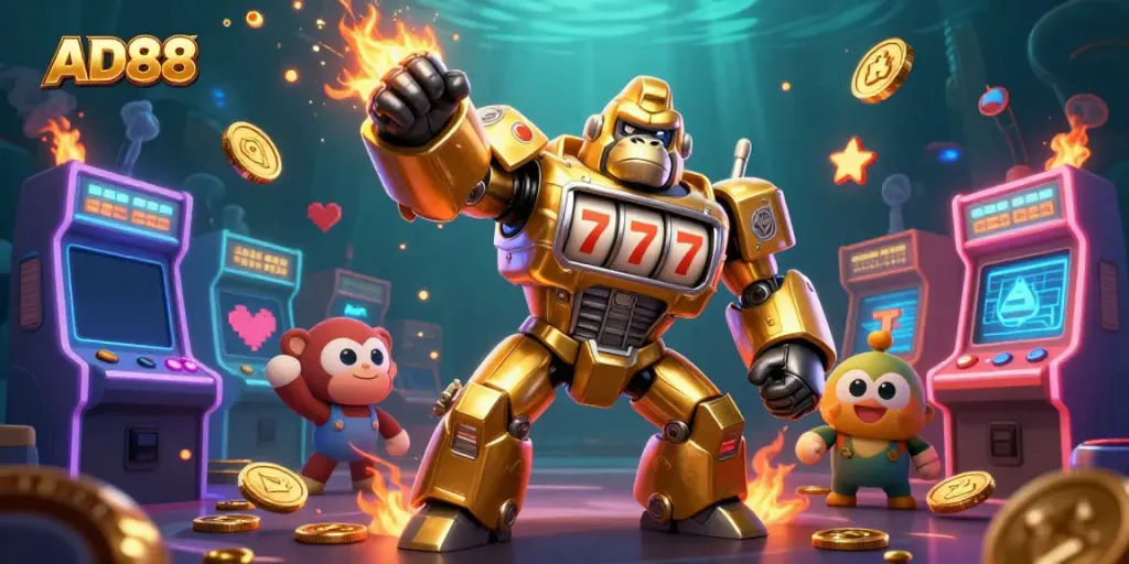 Experience the excitement of AD88 with a vibrant 3D golden mech gorilla, showcasing dynamic gaming elements.
