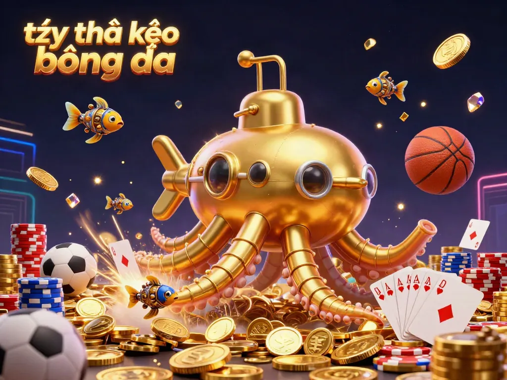 Bet on tỷ lệ kèo bóng đá with vibrant gold coins amidst dynamic sports elements and a golden kraken in action.