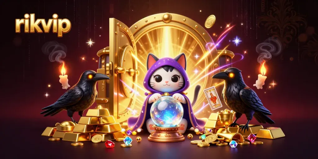 Engage in thrilling gameplay at rikvip, featuring a dynamic scene with mystical characters and casino treasures.