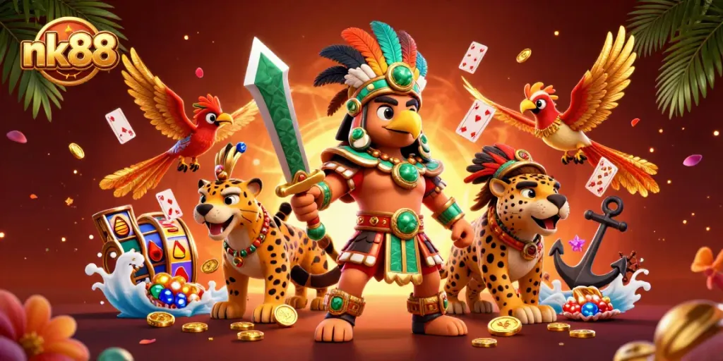 Engage in exciting gameplay at nk88 with an Aztec warrior surrounded by casino elements.