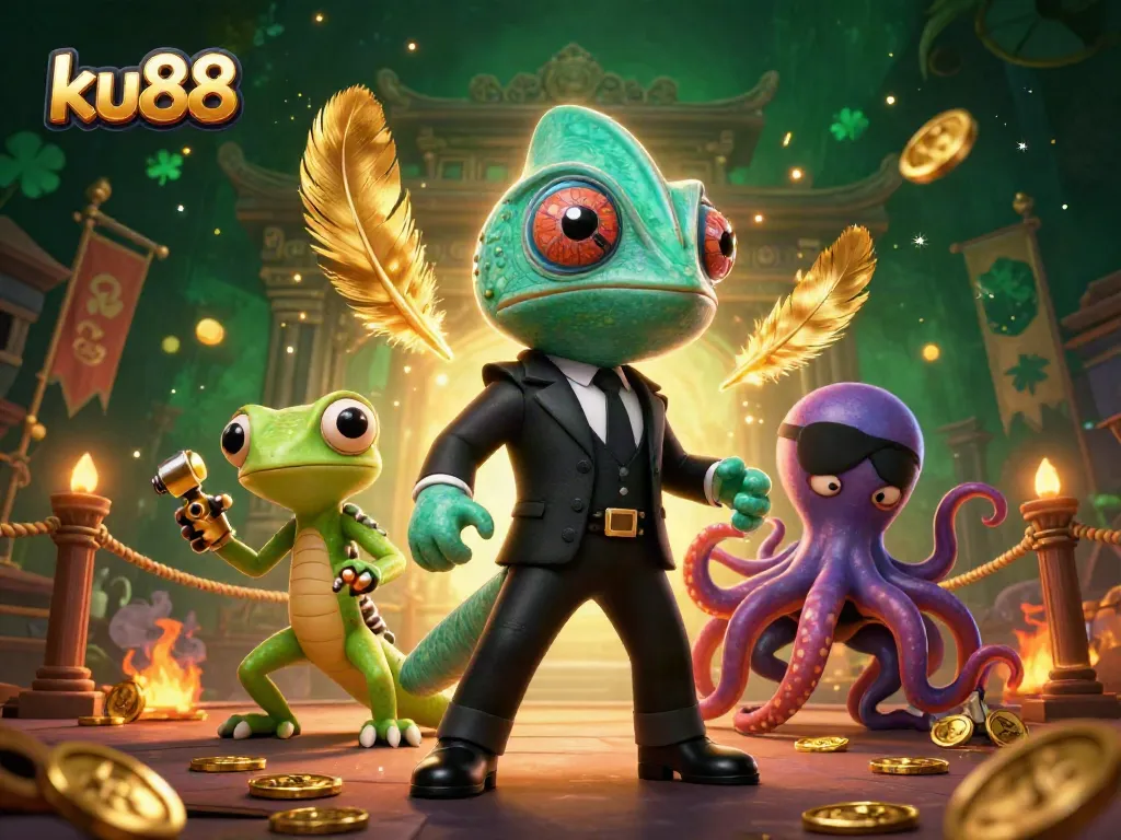 ku88 secret agent chameleon engages in thrilling casino action amidst golden visuals and dynamic elements