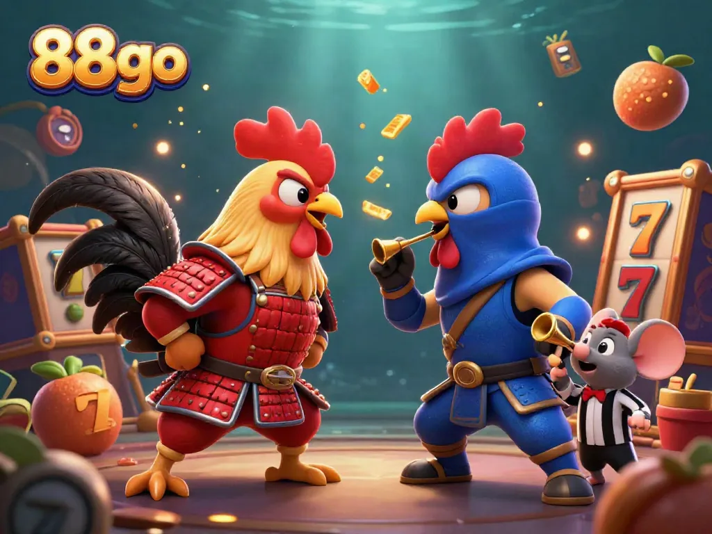 Experience the excitement of 88go with courageous roosters battling amidst rich casino elements.