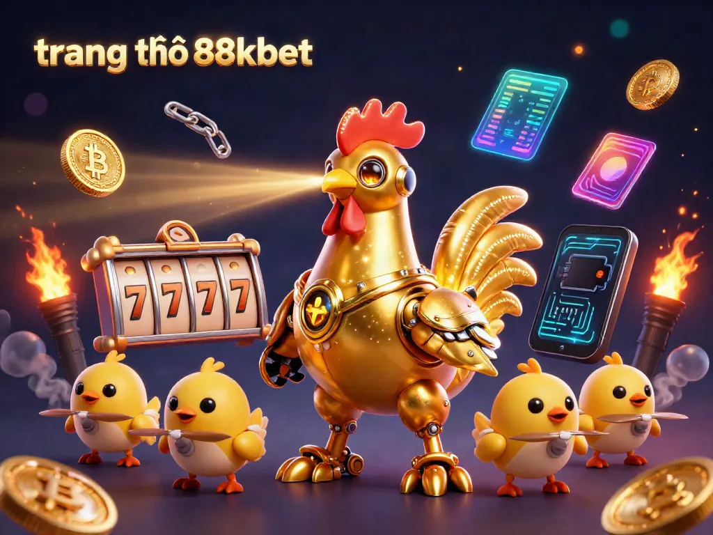 Engage with the dynamic scene featuring a retro-futuristic golden rooster robot at trang chủ 88kbet, flanked by baby chick drones, amidst slot reels and glowing crypto coins.
