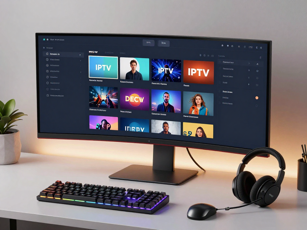 IPTV panel management interface in a modern tech workspace, showcasing advanced analytics and channel listings.