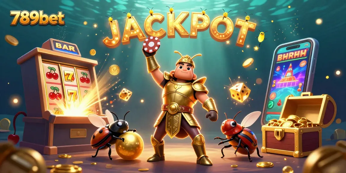 Engaging 3D visual of 789bet featuring beetles and casino elements celebrating a jackpot.
