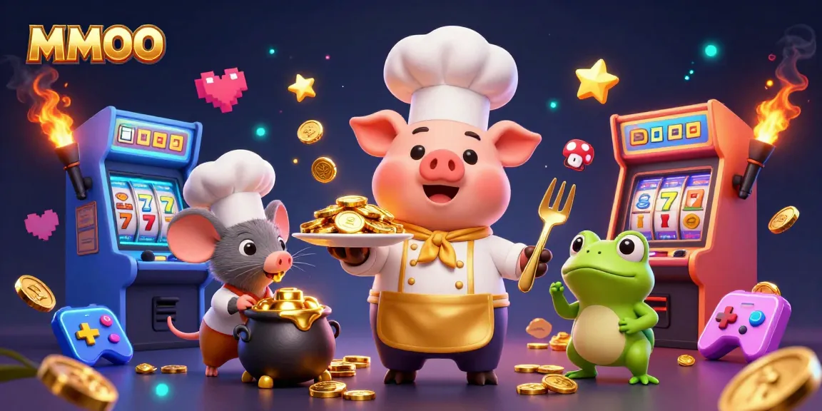 Experience MMOO with vibrant cartoon characters serving golden winnings amidst colorful casino action.