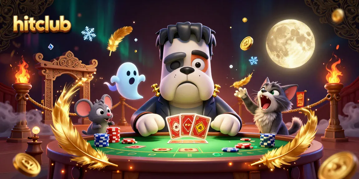 Play cards at hitclub featuring a unique 3D bulldog, ghost mouse, and werewolf kitten in a vibrant casino.