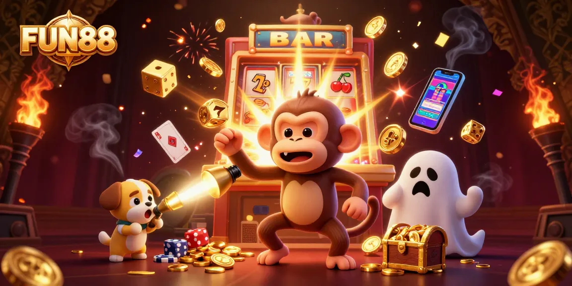 Experience the excitement of FUN88 in a lively casino scene filled with treasures and vibrant elements.