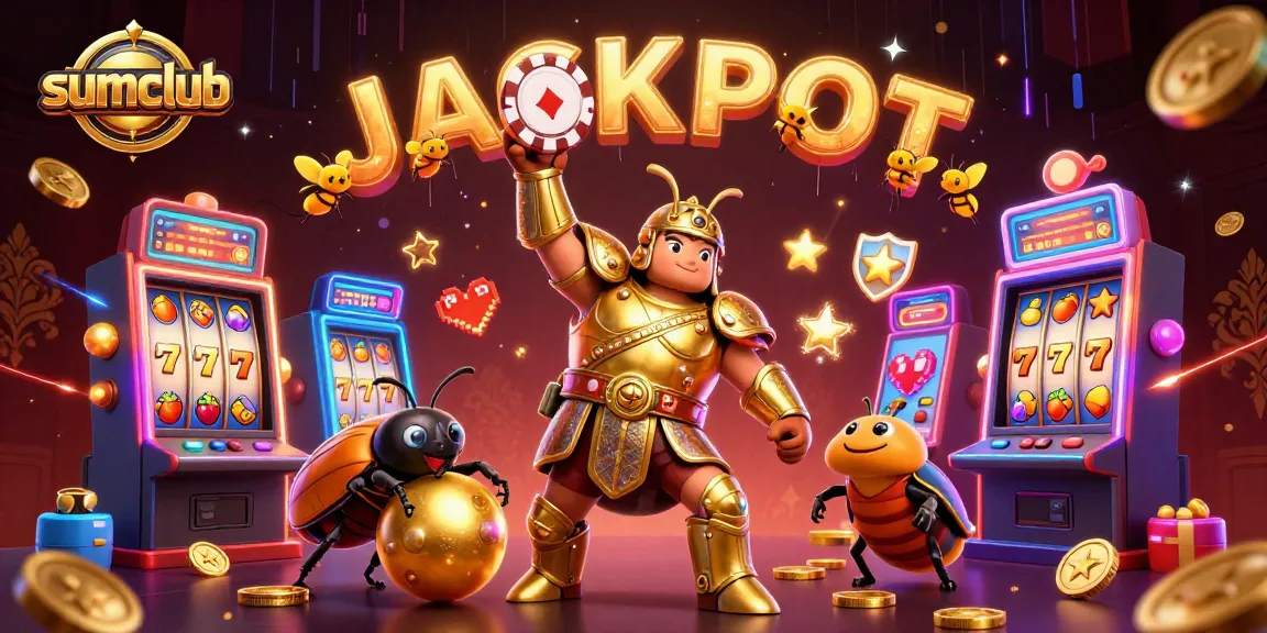 Experience the excitement of SUMCLUB with colorful slot machines, vibrant characters, and jackpot visuals.