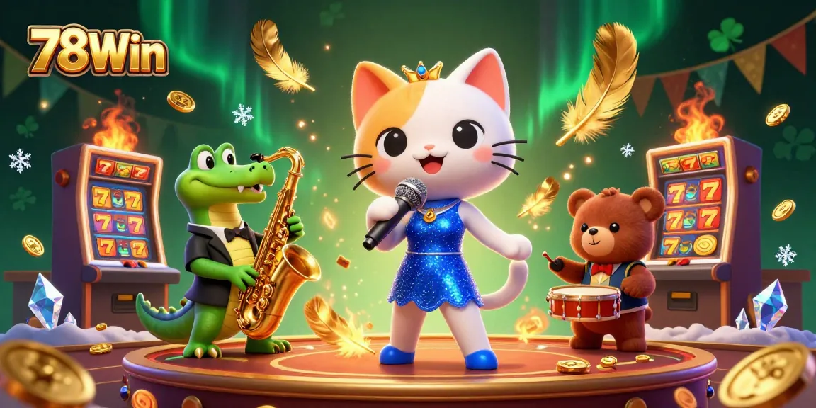 Experience thrilling action at 78Win with vibrant characters and slot elements in a dazzling casino scene.
