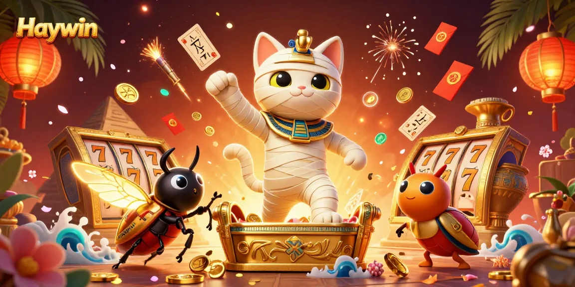 Experience thrilling slots action at Haywin with a mummy cat, golden sarcophagus, and glowing decor!