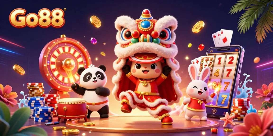 Go88 gaming illustration with a vibrant Chinese New Year lion dance and a dynamic casino theme