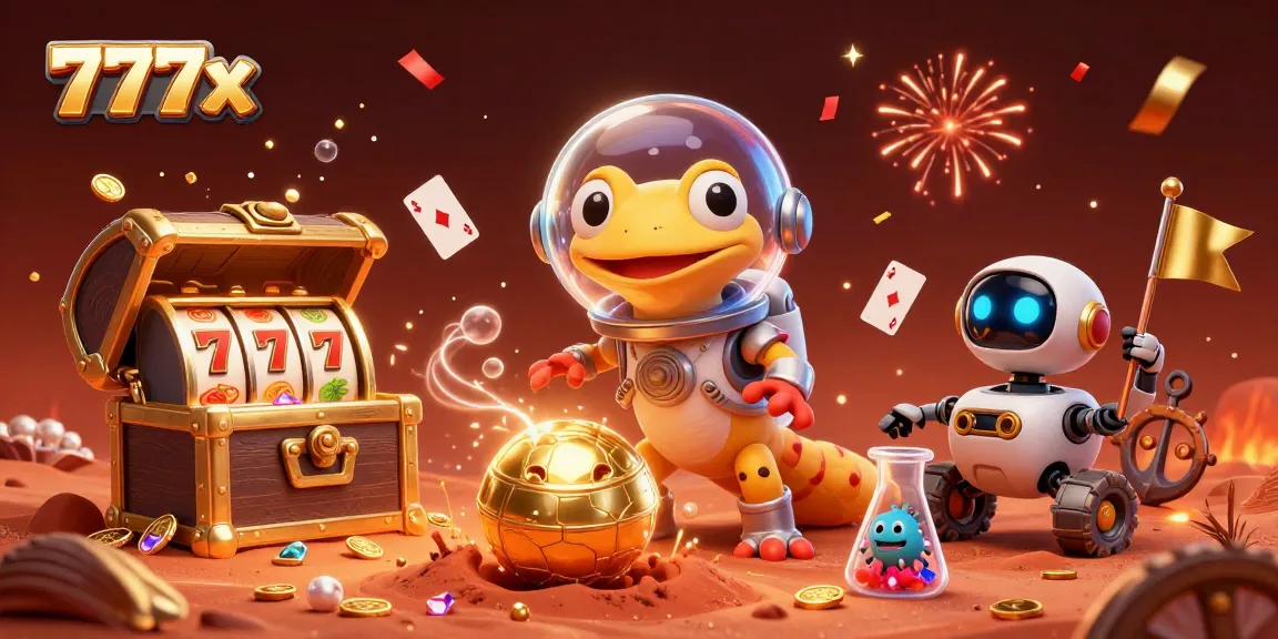 Spin the reels at 777x casino with Martian gecko, celebrating wins among gold treasures.