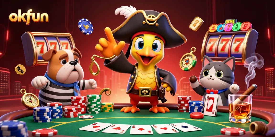 Experience the excitement of okfun as the pirate captain leads a thrilling poker game with vibrant casino elements.