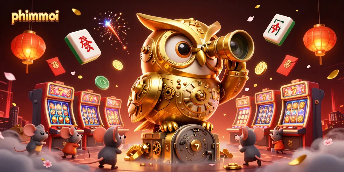 Phimmoi showcases vibrant slot machines as a golden owl scans the casino floor, creating an engaging gambling atmosphere.