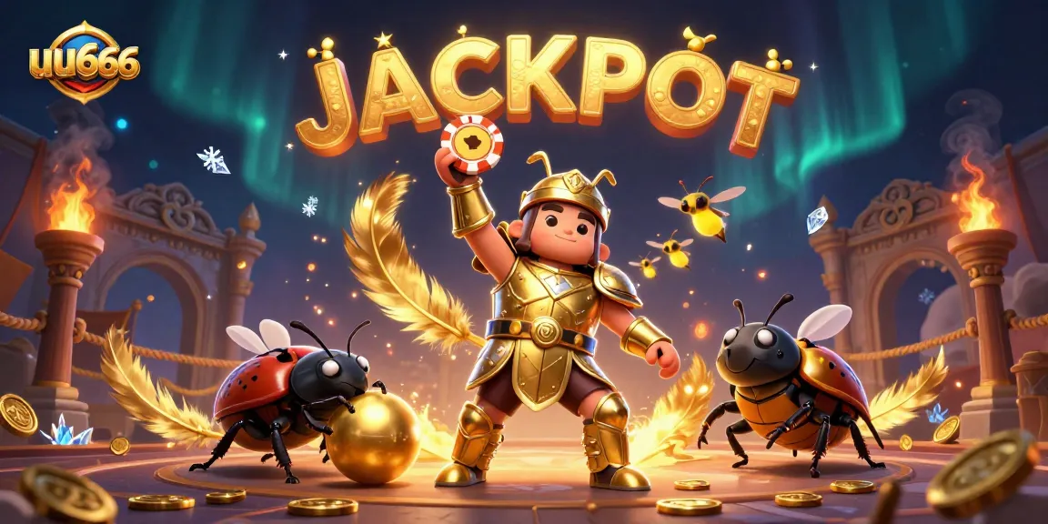 Explore thrilling wins at uu666 featuring a gladiator beetle champion celebrating a jackpot victory.