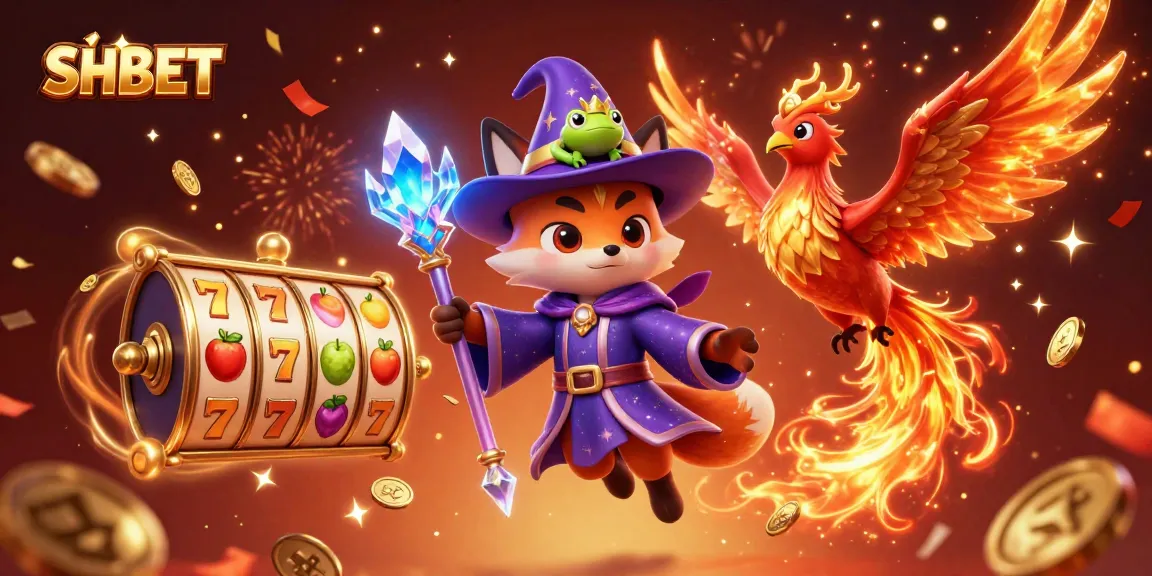 Spin the reels at SHBET's vibrant online casino featuring a wizard fox, phoenix, and enchanted frog.