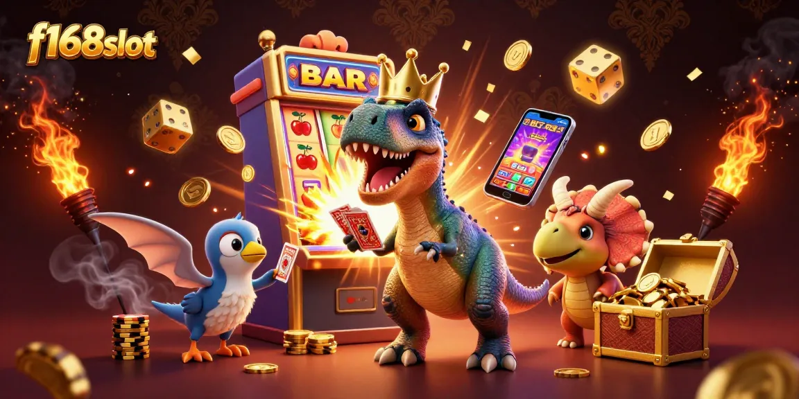 Experience the thrill of f168slot with a lively T-Rex, poker cards, and golden chips in dynamic casino scenery.