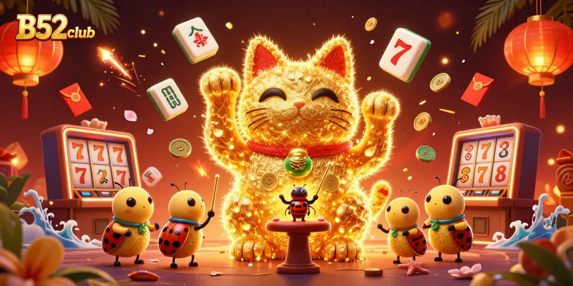 Experience exciting gameplay with B52club's vibrant lucky cat illustration and casino elements.