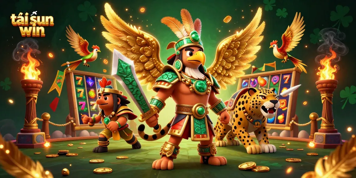 Play slots and win with tải sun win featuring Aztec warriors and golden elements in an exciting casino scene.
